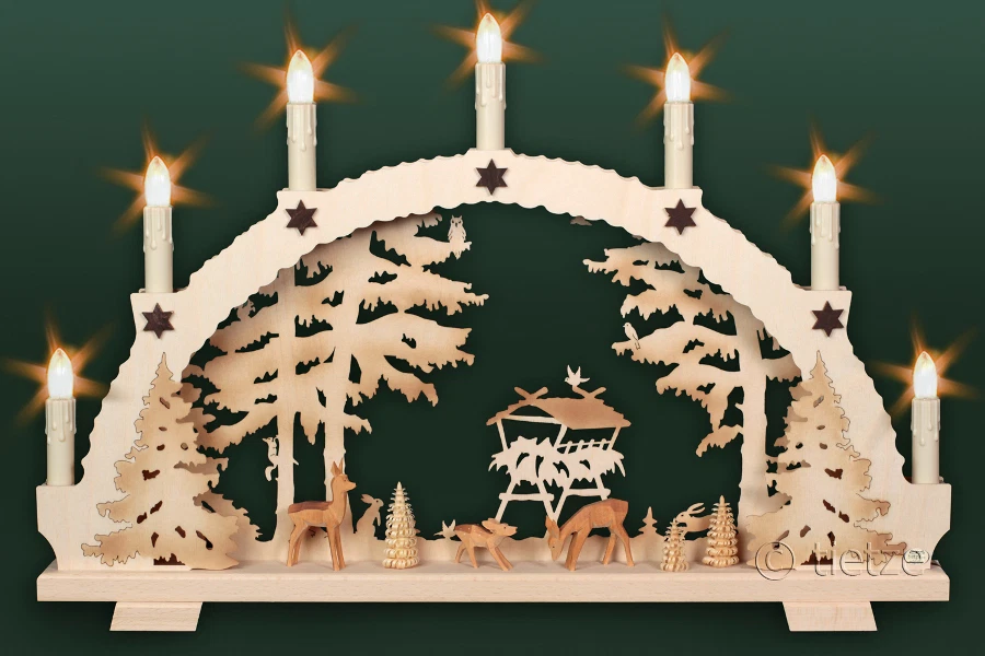 HANDWERKSKUNST AUS DEM ERZGEBIRGE Arco oscillante 3D 7 candele cervo intagliato 53 cm Monti Metalliferi arco luminoso foresta selvaggia