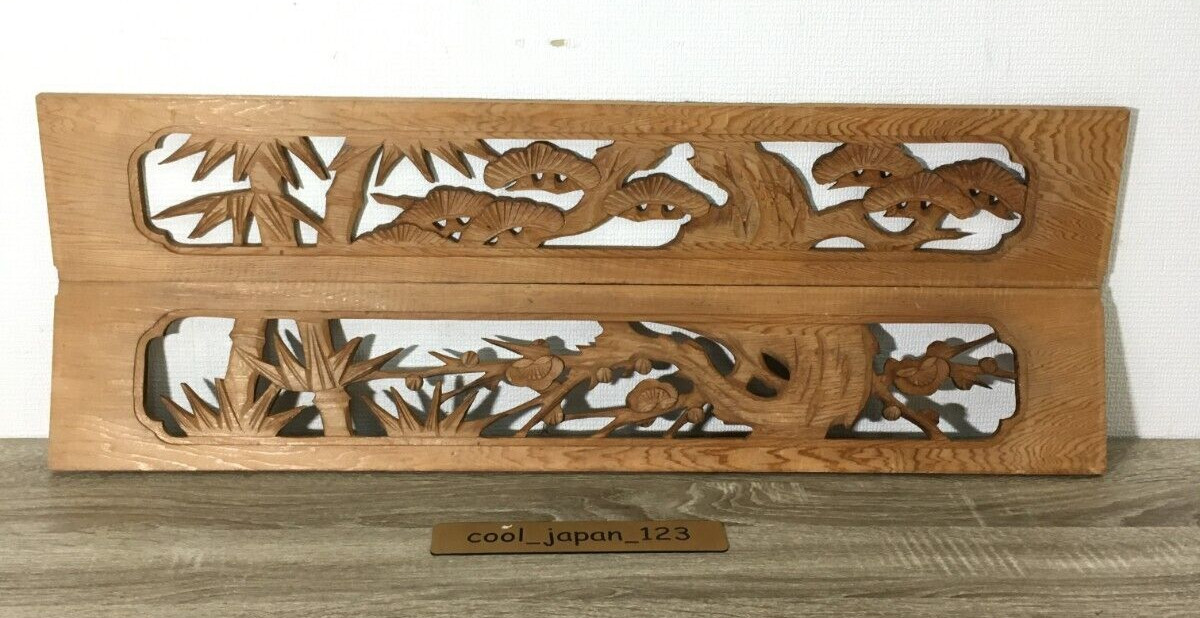 【Par】 Mini Ranma Japonesa Talla en Madera Vintage Travesaño Pino Bambú Ciruela 32"