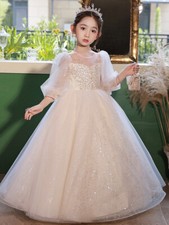 Illusion Neck Glitter Tulle Tutu Maxi Long Ball Gown Dress Princess Flower Girl