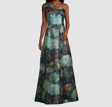  795 Aidan Mattox Women Green Floral Asymmetrical Neck Ball Gown Dress Size US 2