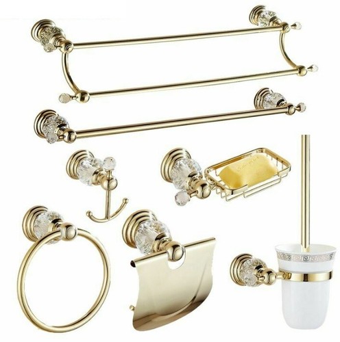 Luxury Crystal Bathroom Accessories Gold Polished Brass Wall Bath Hardware Sets  - Picture 1 of 24