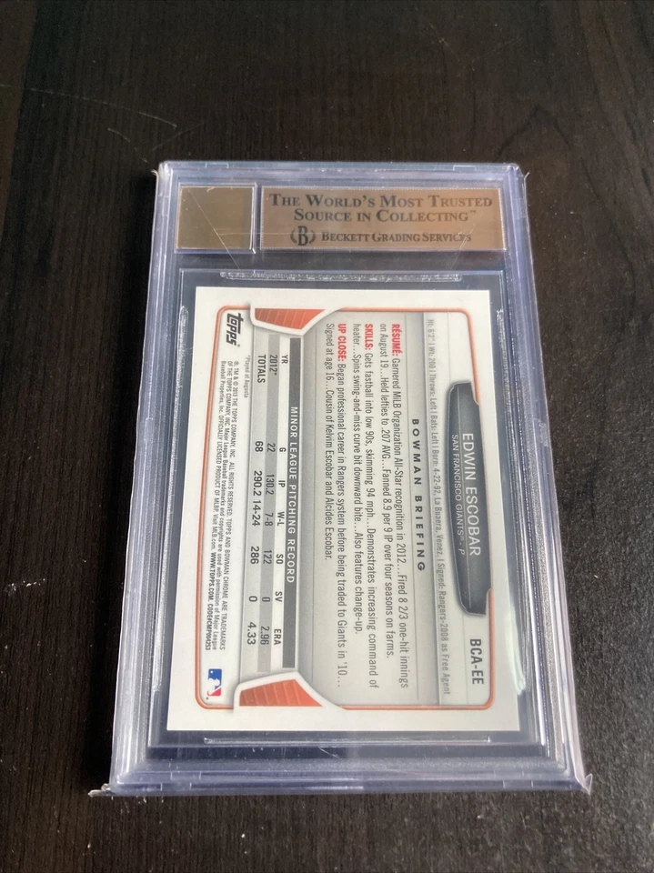 Tarjeta de autógrafo de Edwin Escobar 2013 Bowman Beckett 9,5 gema oro como nuevo T11-31 Foto 2 de 2