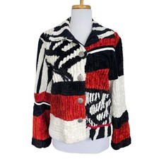 Vtg Minnies Closet Womens Sz M Chenille Jacket Red Black Multicolor Buttons Art
