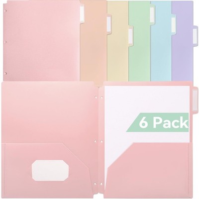 SortRax Plastic Folders with Pockets 3 Hole Punched, 6 Pack Assorted Pastel 