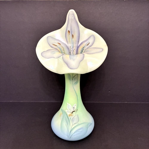 Fenton Vase Floral Interlude 11" Jack in the Pulpit 1998 Sea Green Satin Glass