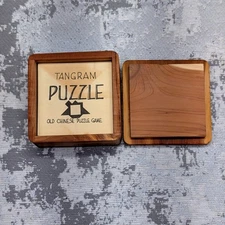 Vintage Hand Made Wooden Box Tangram Puzzle Game Old Chinese Game GUC