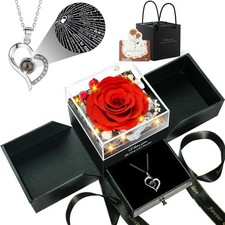 Eternal Preserved Rose Gift Box w Necklace   Forever Love Anniversary Valentin