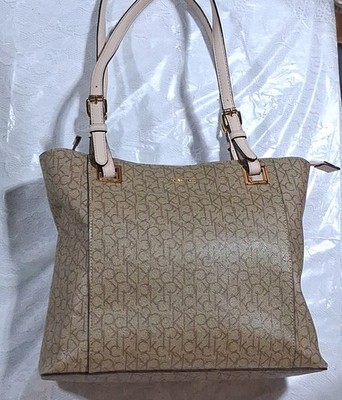 Calvin Klein Beige Monogram Tote Zip Top Detachable Strap Gold Hardware Women's