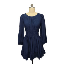 Madewell Dress Womens Small Navy Open Back Tie Smocked Waist Ruffle Hem Mini