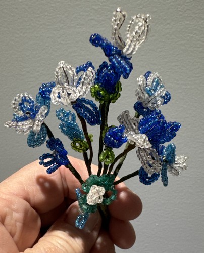 Vtg French Seed Bead Flowers Nosegay Posie Bouquet 12 Stems Blues Clear Green