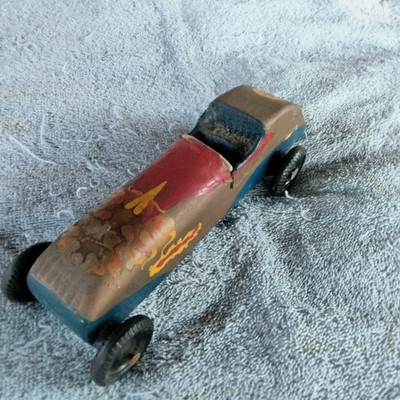 Vintage 1960's Pinewood Derby Indy Race Car Gold Blue Hand Painted Cub Boy Scout