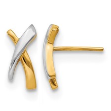 14k Yellow Gold with White Rhodium X Post Stud Earrings L-13 mm, W-5 mm
