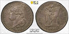 FRANCE  LOUIS XVI  CONSTITUTION  1791-D  15 SOL SILVER COIN, PCGS CERTIFIED AU50