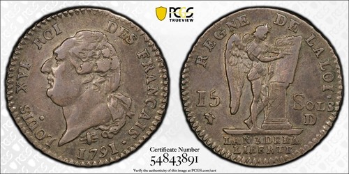 FRANCE LOUIS XVI CONSTITUTION 1791-D 15 SOL SILVER COIN, PCGS CERTIFIED AU50