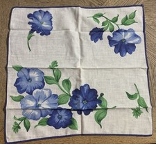 Vintage Ladies  Blue White Floral Print Hankie Handkerchief 13  X 12  