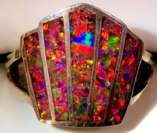 VINTAGE HOT Red Pierre Gilson Opal Chevron Retro FAN Ring sterling Video 8 Lady