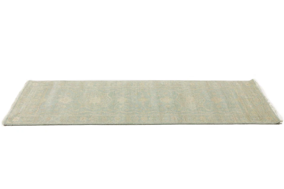 Muted Aqua Blue Floral Handmade Oriental Runner Rug Kitchen Decor Carpet 3X8 ft - Image 2 of 4