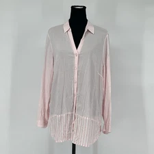 J. JILL Women’s Shirt L Pink White Striped Button Up V-Neck Tunic Blouse Top