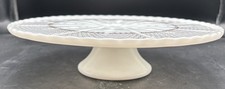 Anchor Hocking Ivory Milk Glass Cake Stand Pedestal Plate Gold Trim MCM Vintage