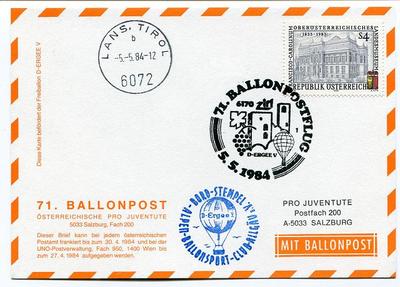 1984 Ballonpost No. 71 Pro Juventute Aerostato D-Ergee V Lans. Tirol Lin