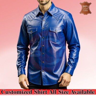 Mens Genuine Blue Lambskin Real Slim Fit Full Sleeve Button up Leather Shirt