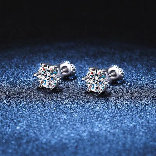 D Color Moissanite Solitaire Stud Earrings Screwback S925 Silver Platinum Plated - Picture 2 of 12