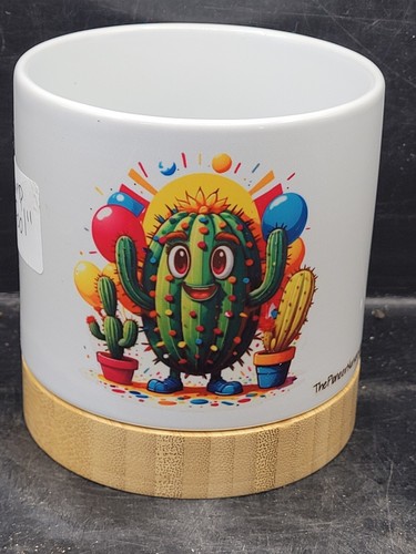 Ceramic Pot White with Bamboo Base with Funny Cactus Fools Images, 4 Inch - Picture 4 of 11