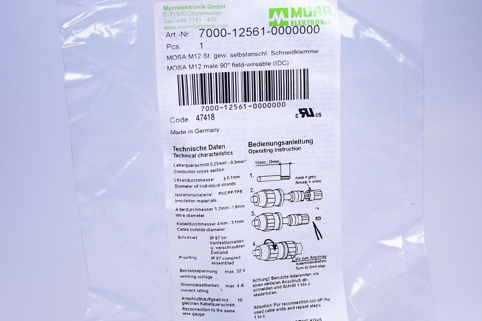MURR 7000-12561-0000000 Mosa M12 St Thread Selbstanschl. Cutting Clamp Boxed