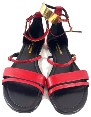 SAINT LAURENT Red Leather Janis Ankle Strap Gladiator Flat Sandals