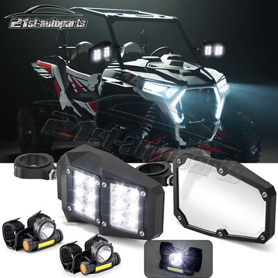 2PCS UTV Side Rear View Mirrors w/ Light+LED Dome Lights For Polaris RZR XP 1000