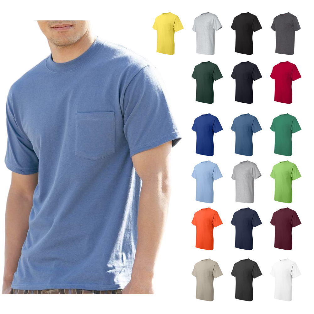 Hanes Mens BeefyT Pocket Tee Crew neck Plain Cotton TShirt S3XL