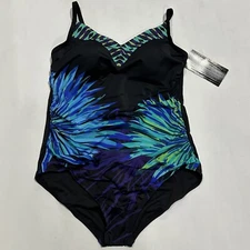 Women's Plus Size V-Neck One Piece Swimsuit - Aqua Green - Black/Blue - 16W