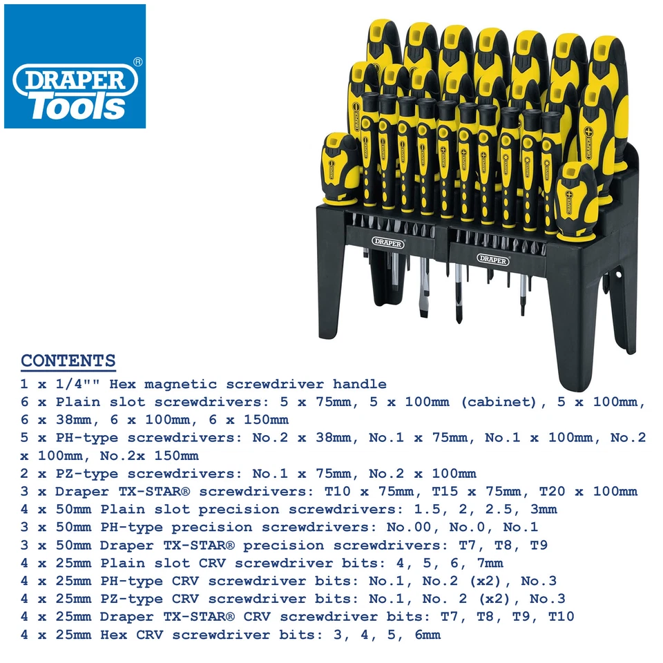 Draper Screwdriver & Bits Set 47pc Soft Grip c/w Stand Plain Slot PH PZ TX-STAR - Image 4 of 4