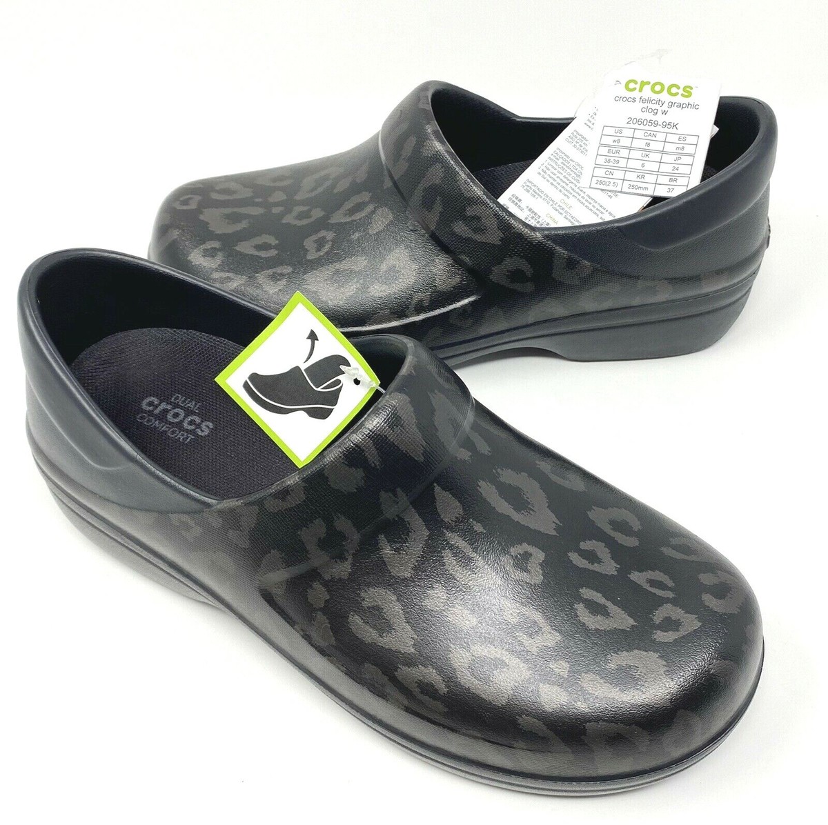 Crocs Felicity Graphic Leopard Print Clog Black Gray Womens size