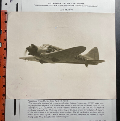 Aviation Photo Airman Test Non Stop Plane Air Alan Cobham Australian Dash 1933