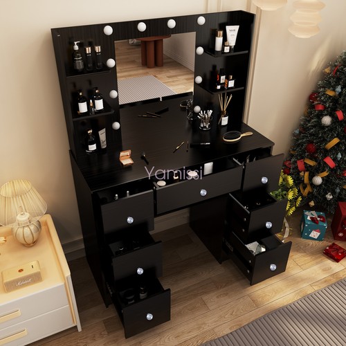 Black Dressing Vanity Table Makeup Desk with 10 LED Mirror 7 Drawers Modern UK - Picture 16 of 18