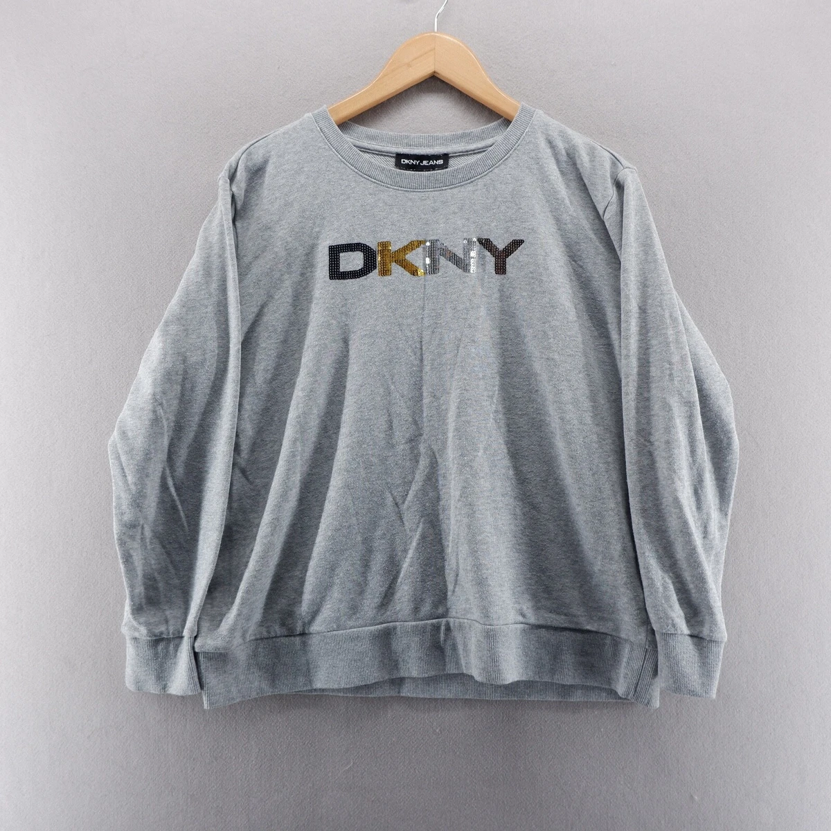 DKNY Womens Sweatshirt Medium Grey Sequin Spell Out Pullover Cotton
