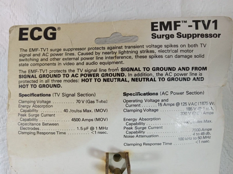Philips ECG EMF TV1 Surge Protection TV VCR Cable Receivers Antenna NOS Sealed - Image 3 of 3
