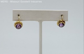 14K Yellow Gold Purple Faceted Stone Leverback Drop Earrings (Tested)