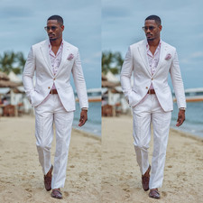 White Linen Mens Suits 2Pcs Slim Fit Coat Summer Beach Jacket Notch Lapel Blazer