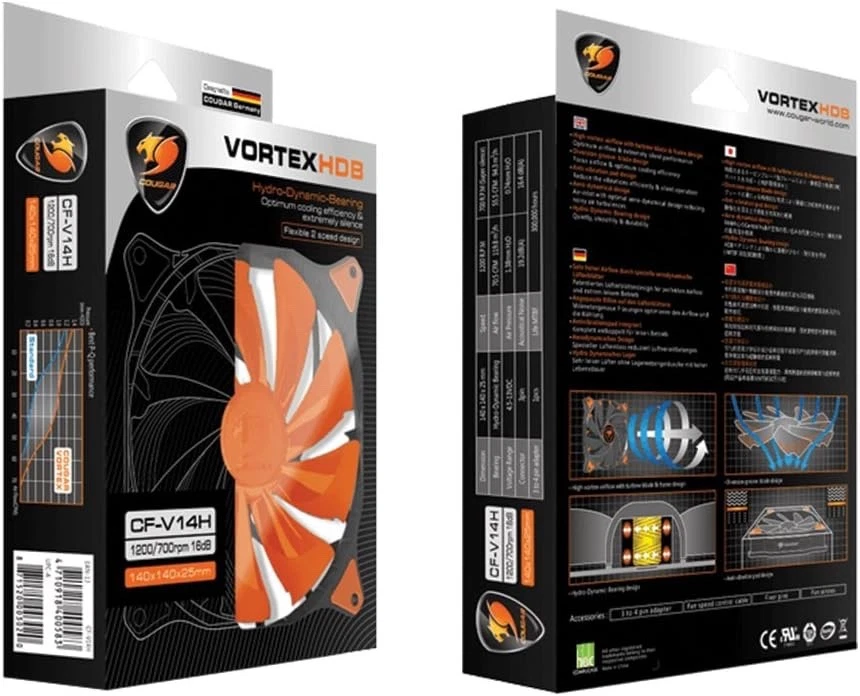 Cougar Vortex HDB CF-V14H 140mm Case Fan 1200/700RPM 16dB Silent Cooling - Image 2 of 3