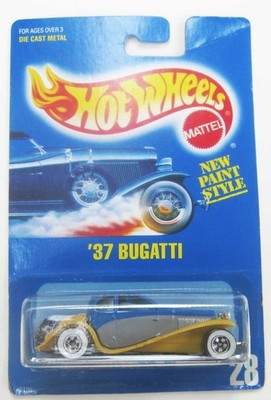 Hot Wheels '37 Bugatti All-Blue Card Blue/Yellow Gray Sides #28 CT 1991 MOC WW