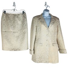 John Meyer Polyester Rayon Metallic Skirt Suit Size 10 Gold Floral Cocktail