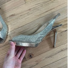 Jimmy Choo Women's 40 US 10 Nova Peep Toe Slingback Heels Gold Sparkle Champagne