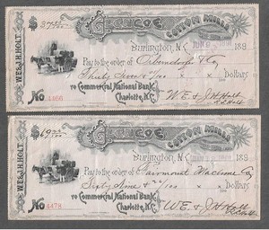 Two 1891 Burlington North Carolina Drafts "Cotton Mills/Wagon"
