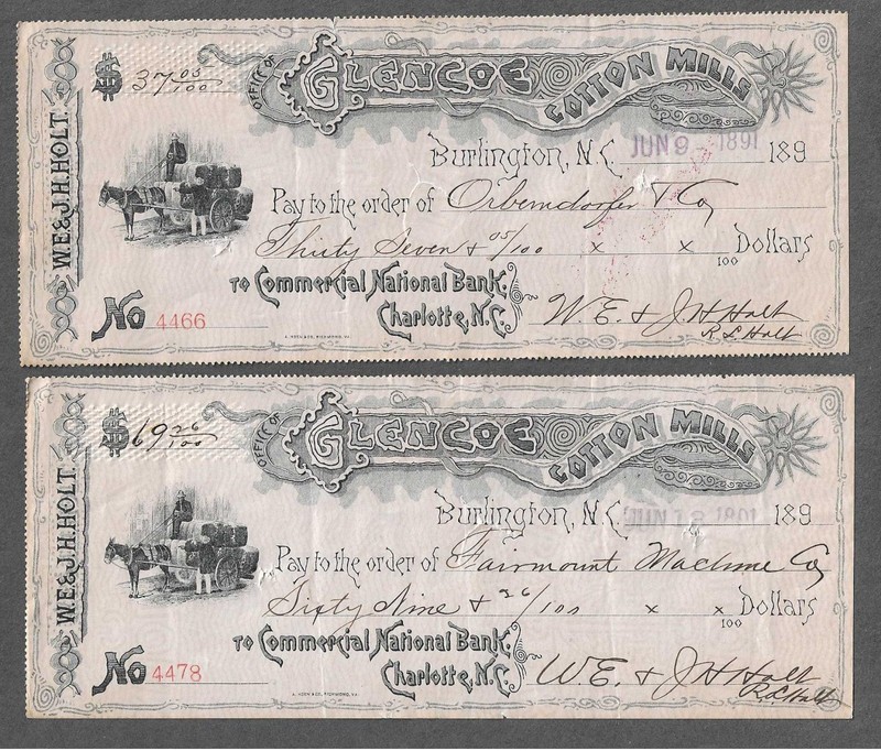 Two 1891 Burlington North Carolina Drafts "Cotton Mills/Wagon"
