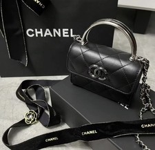 Auth Chanel Mini Ring Top Handle Handbag Black Quilted Lambskin Crossbody Bag