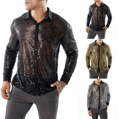 Elegant Men's Sparkly Sequins Party Shirt for Retro 70s Disco Nightclub Dance