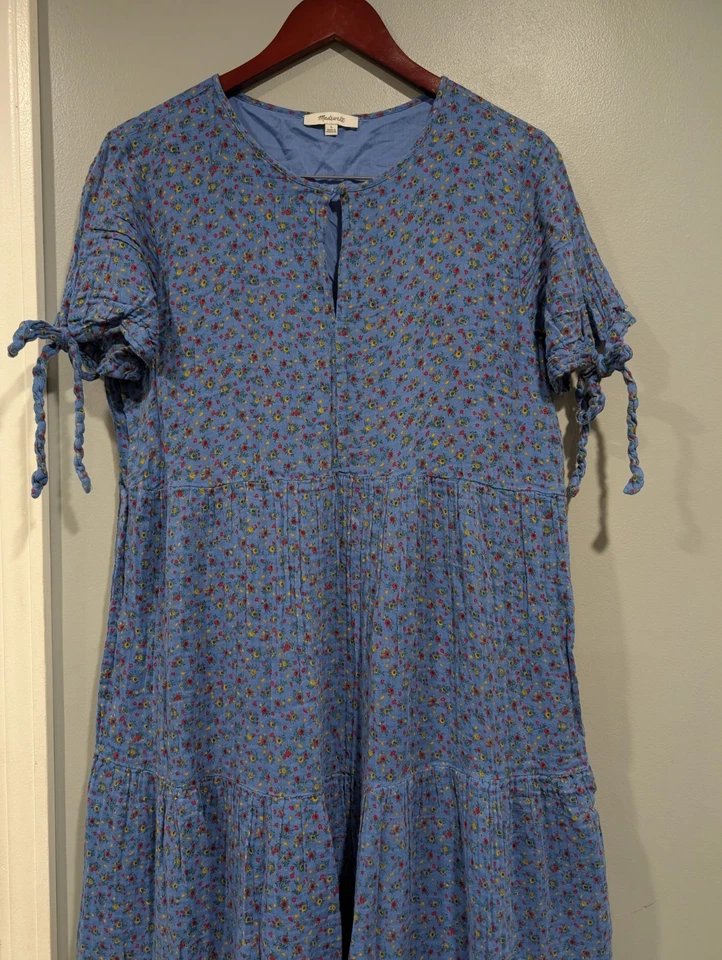 Vestido midi Madewell azul floral manga corbata calicó capas talla grande Cottagecore Foto 4 de 4