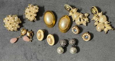 7 Vintage Clip-on Pearl Earring Lot Don Caster, Monet, Trifari Some Real Xlnt